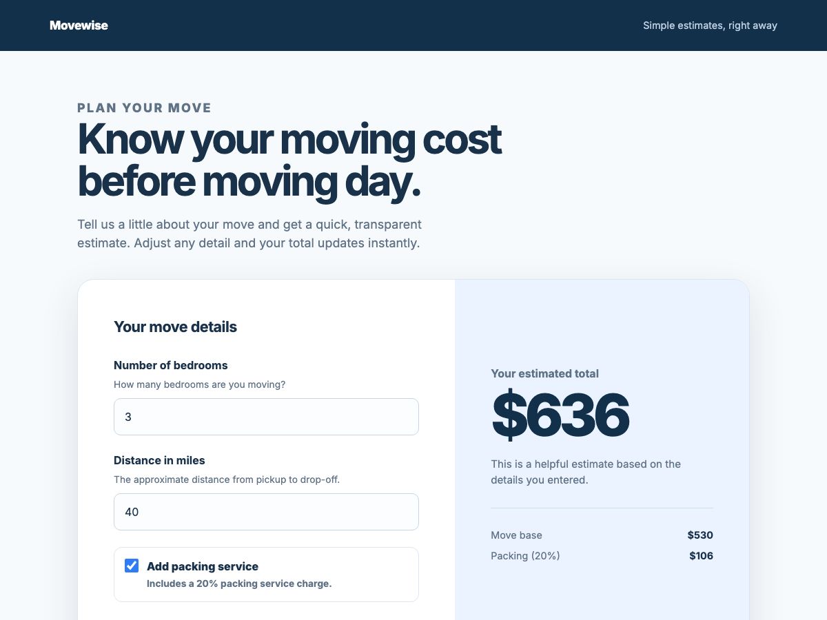 A working moving-quote calculator built by AI, from the showcase.