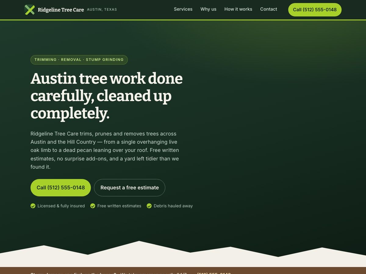 Ridgeline Tree Care, a real build graded on the same technical SEO check
