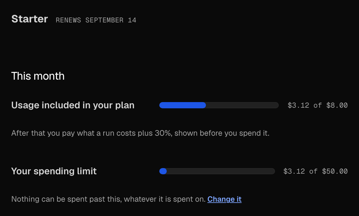 The account screen: the plan, what has been spent this month, and the spending limit.