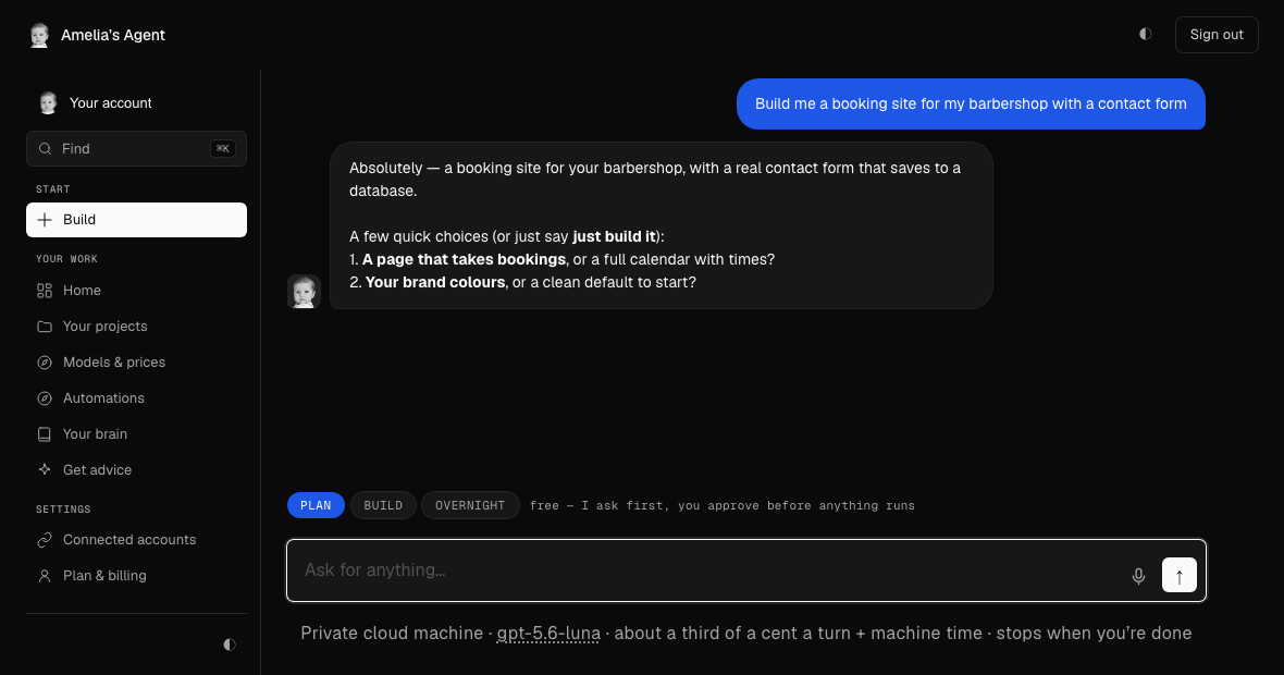 The app mid-build: the request, Amelia's plan, and the price of the turn on screen.