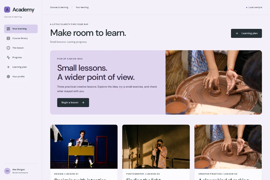 Academy template preview: courses & learning