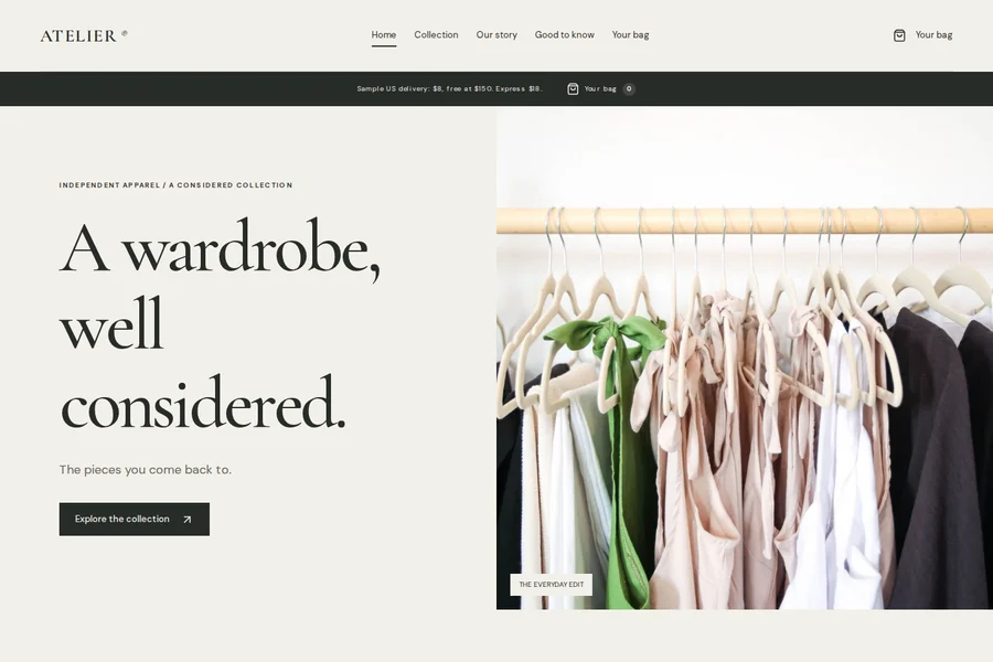 Atelier template preview: independent apparel