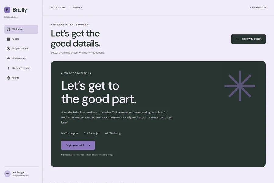 Briefly template preview: intake & briefs