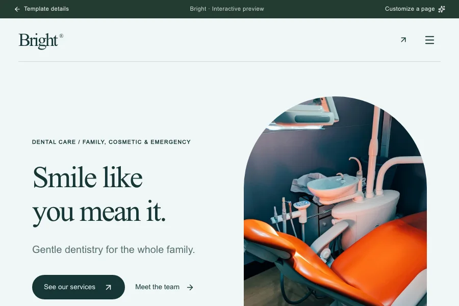 Bright template preview: dental clinic website with appointment booking