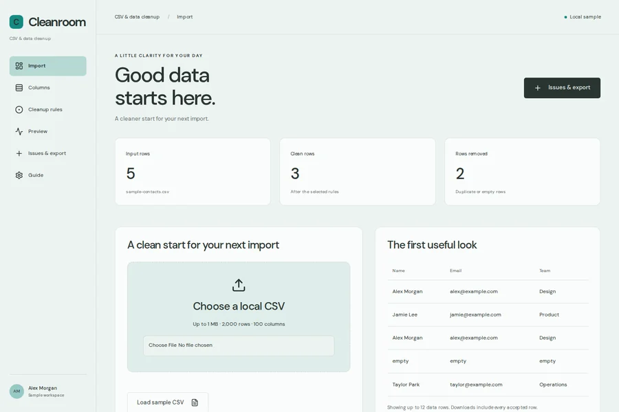 Cleanroom template preview: csv & data cleanup
