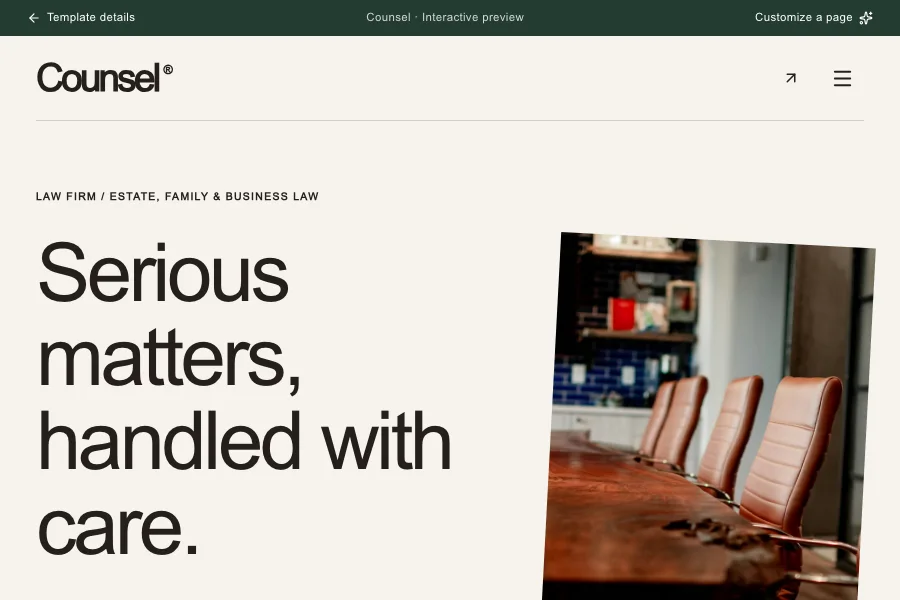 Counsel template preview: law firm website with consultation booking