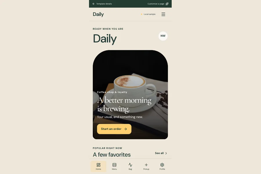 Daily template preview: coffee shop & loyalty