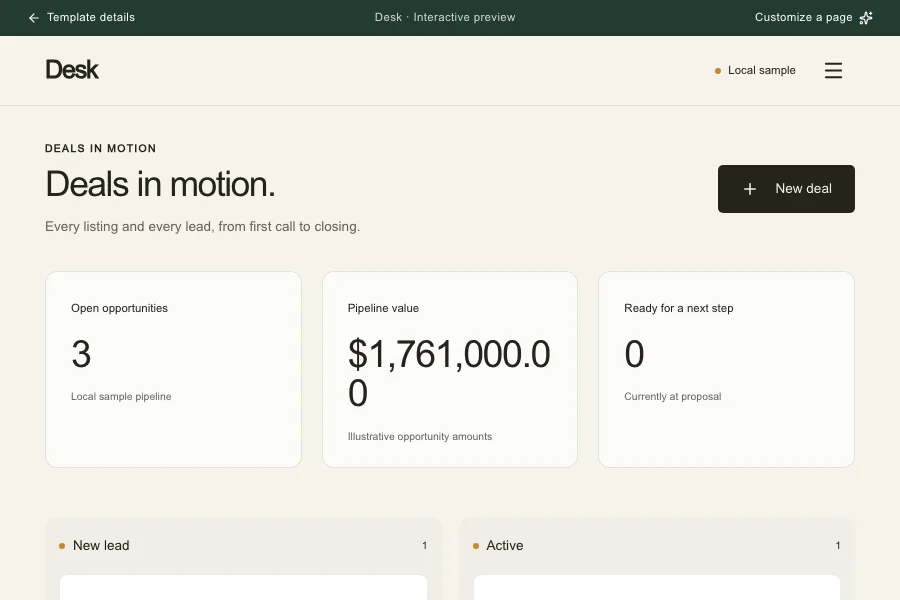 Desk template preview: real estate crm for brokerages