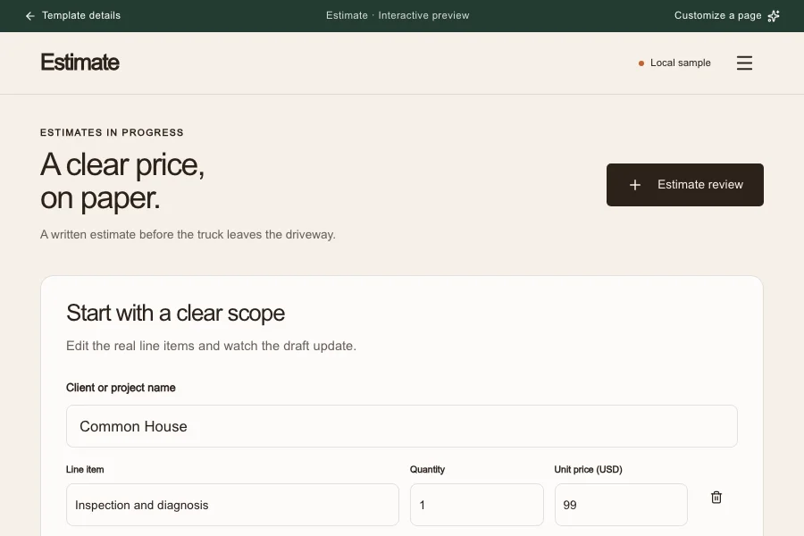 Estimate template preview: quote & estimate software for contractors