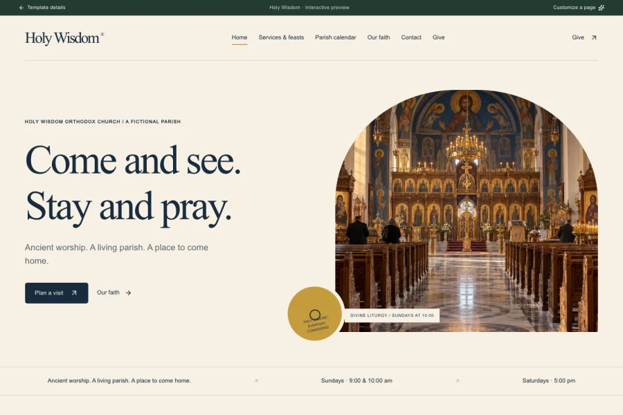Holy Wisdom template preview: orthodox church website with parish calendar and giving