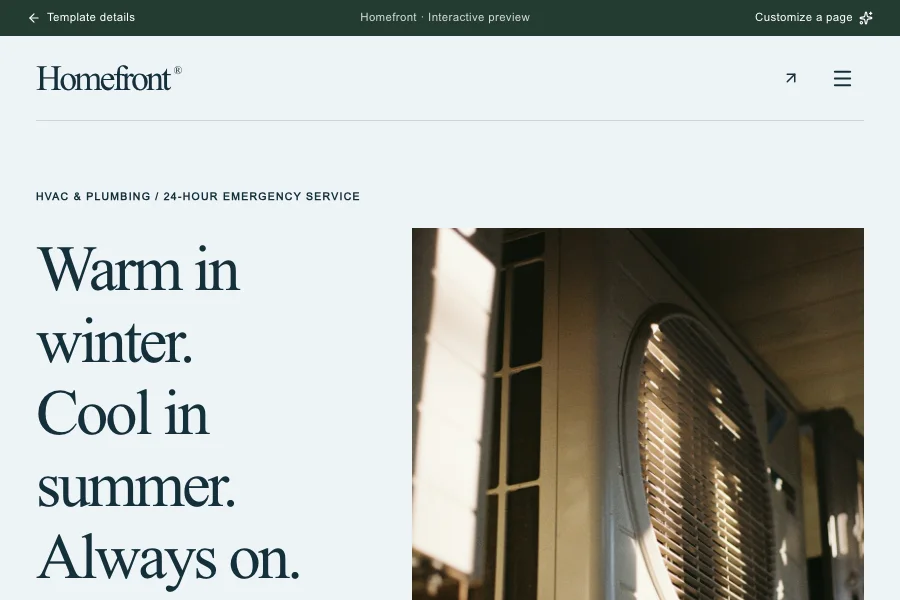 Homefront template preview: hvac & plumbing website with service booking