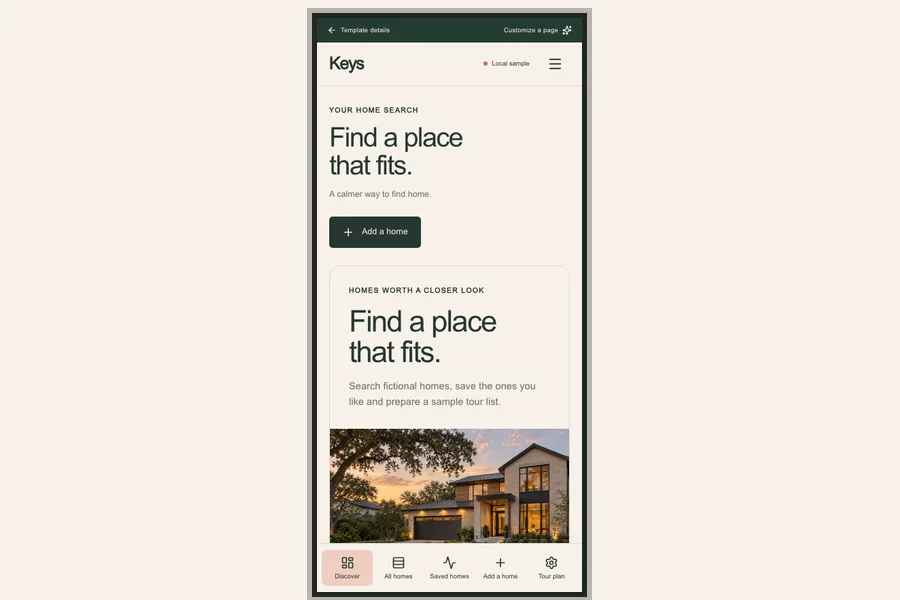 Keys template preview: property search app with tour planner