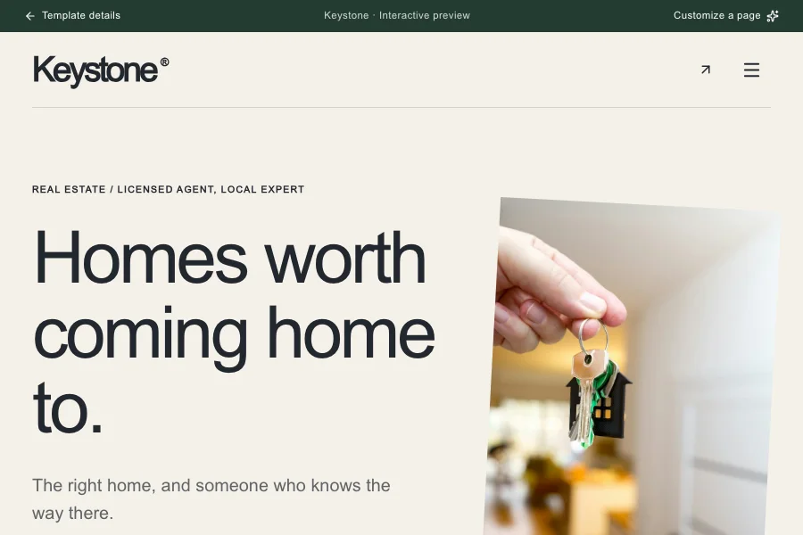 Keystone template preview: realtor website with listings