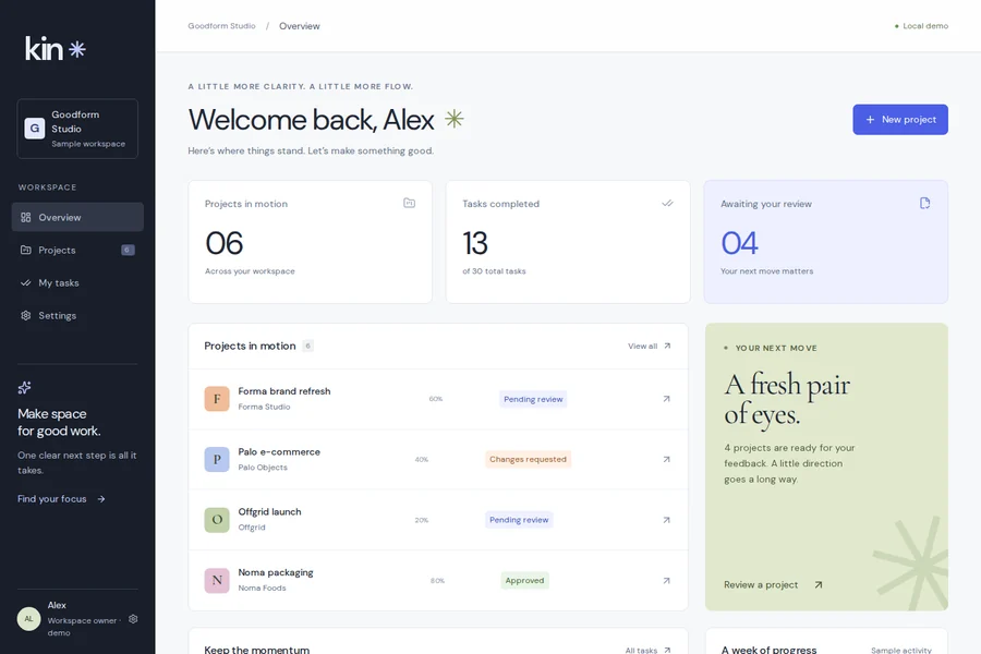 Kin template preview: projects & collaboration