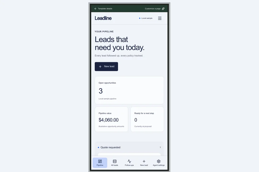 Leadline template preview: insurance lead tracking app