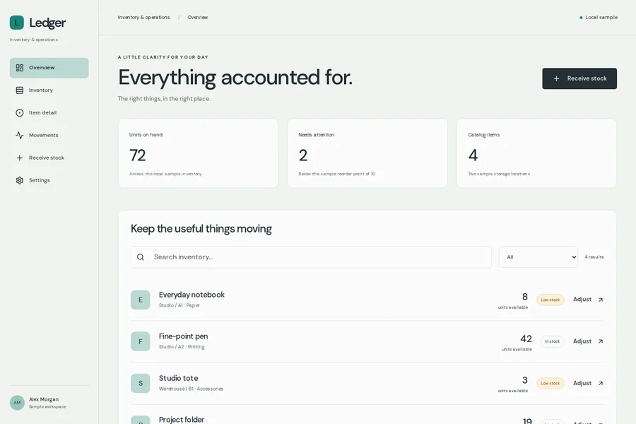 Ledger template preview: inventory & operations