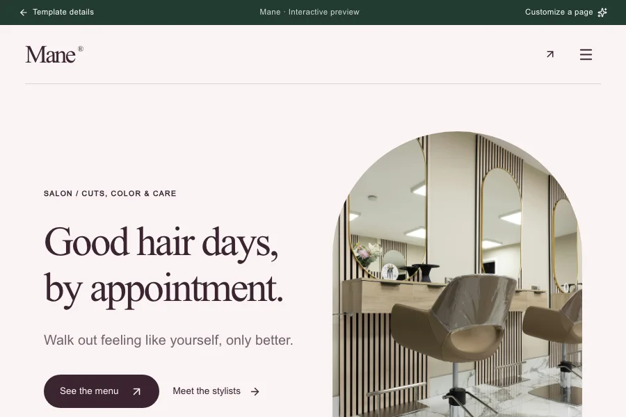 Mane template preview: salon website with online booking
