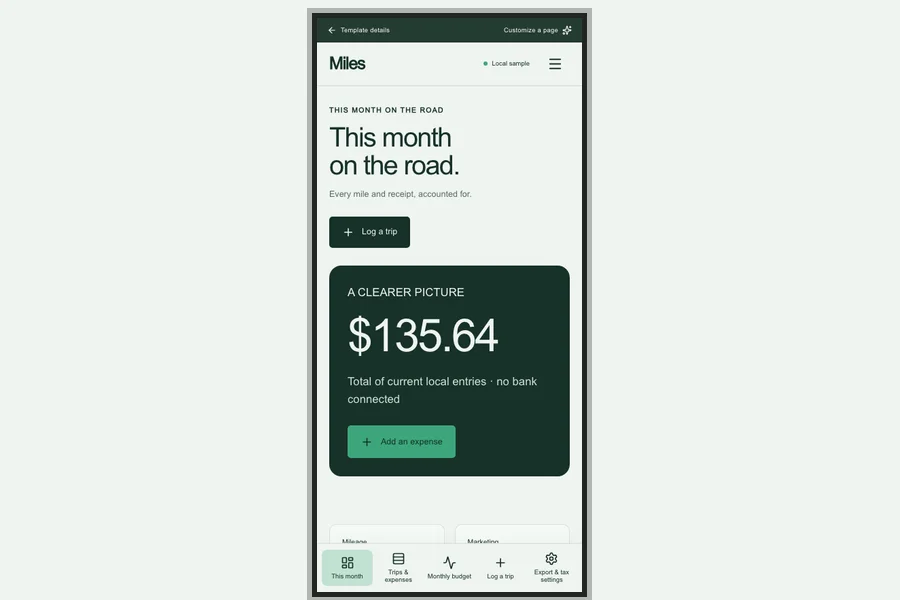 Miles template preview: mileage & expense tracker app