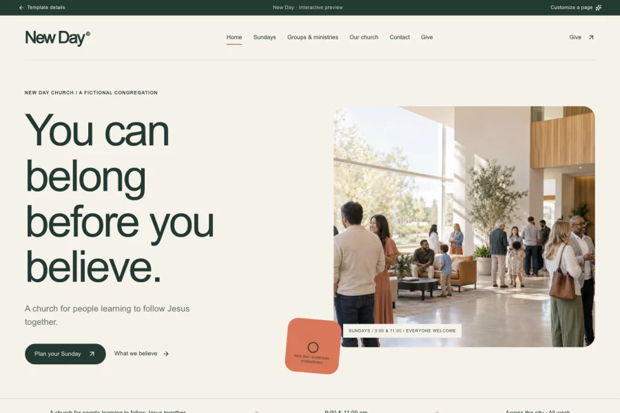New Day template preview: protestant church website with sermons, groups and online giving