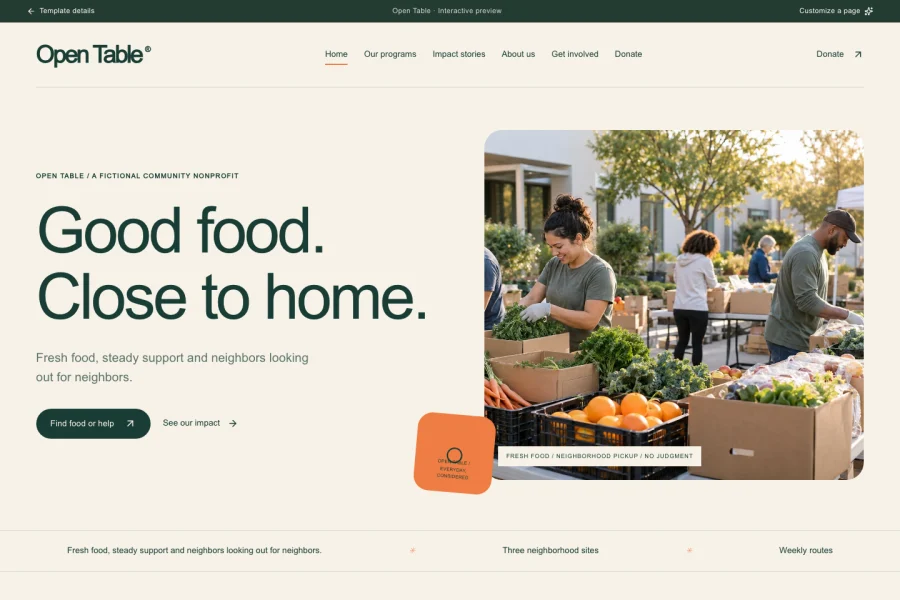 Open Table template preview: nonprofit website with programs, impact stories and donations