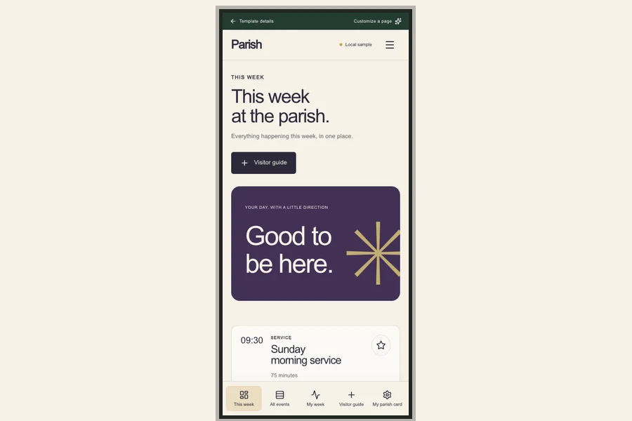 Parish template preview: church app for events and volunteers