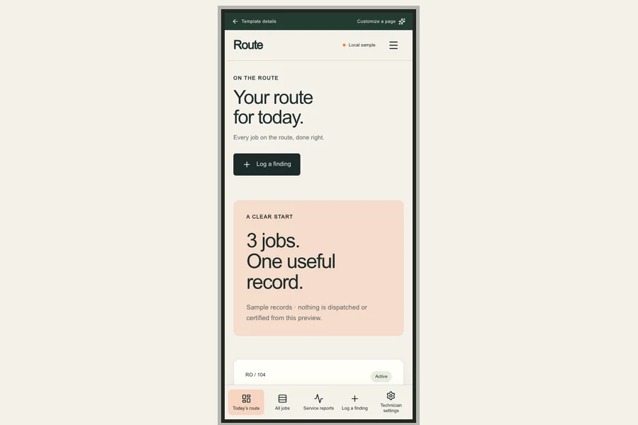 Route template preview: field service technician app