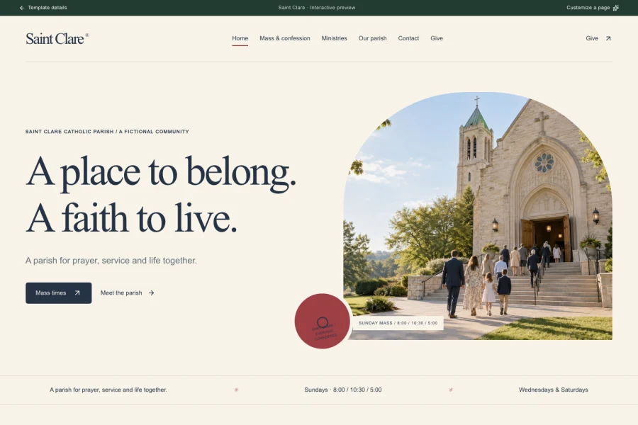 Saint Clare template preview: catholic parish website with mass times, sacraments and online giving