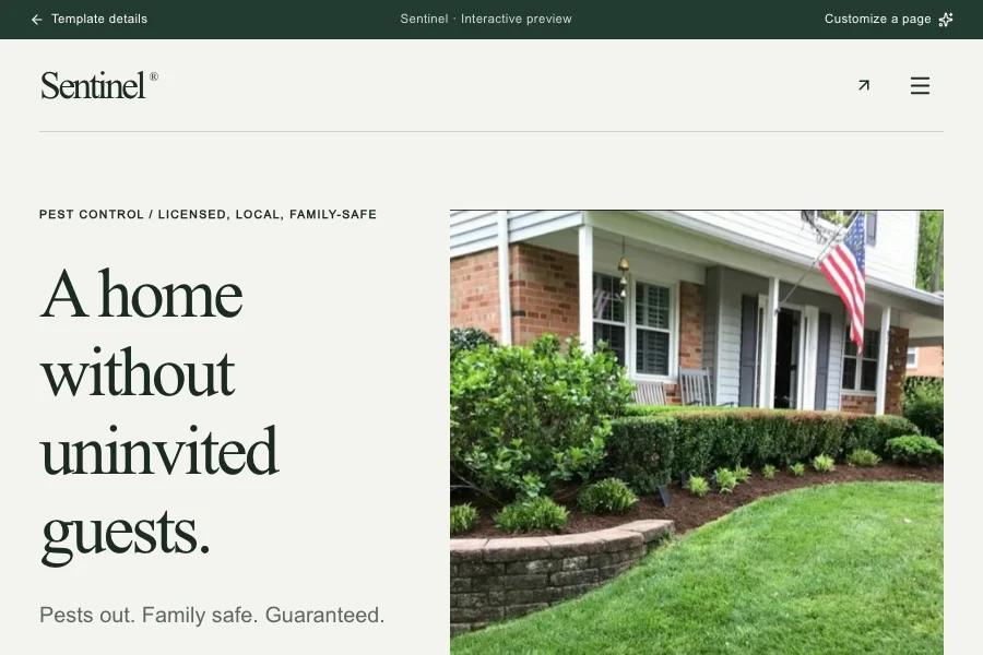 Sentinel template preview: pest control website with online booking