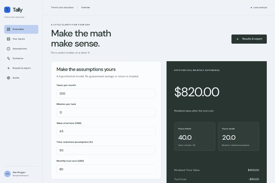 Tally template preview: time & cost calculator