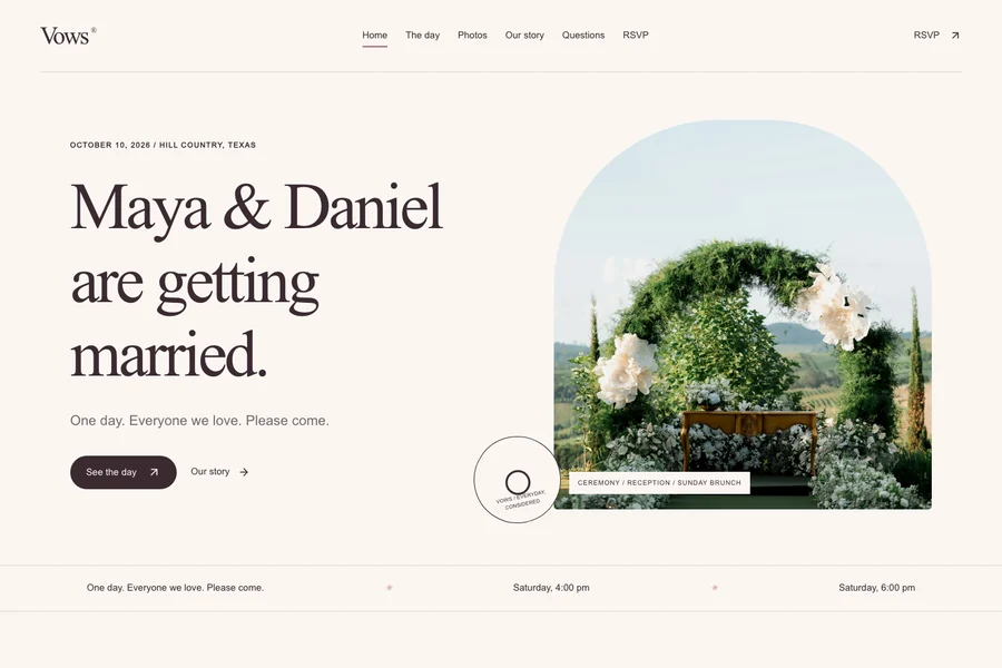 Vows template preview: wedding website with rsvp